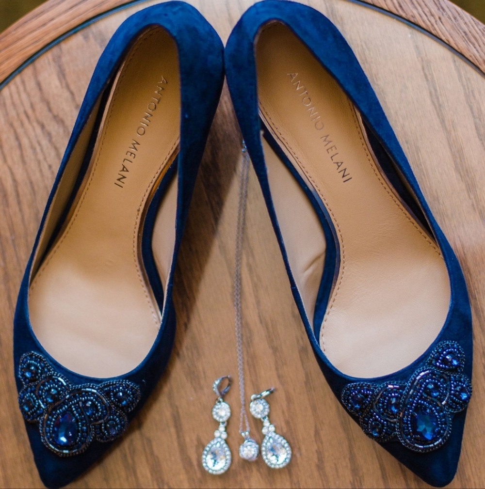 ANTONIO MELANI Navy Blue Kitten Heels with Jewel Accents Perfect For Wedding 7.5